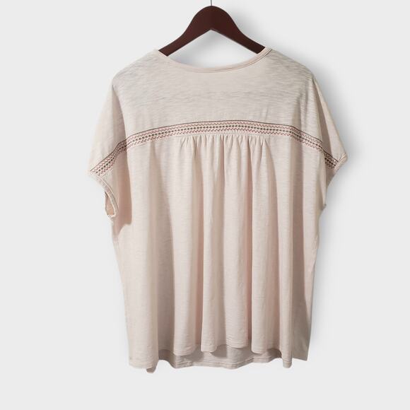 Pure Jill Sz 2X Banded Embroidered Tee Pink Cap Sleeve Top Boxy Relaxed Casual - Picture 4 of 10